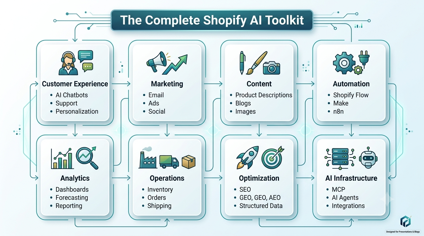 Shopify AI Maturity Roadmap — visual showing progression from basic AI tools through automation, MCP integration, AI agents, and full AI-powered commerce readiness