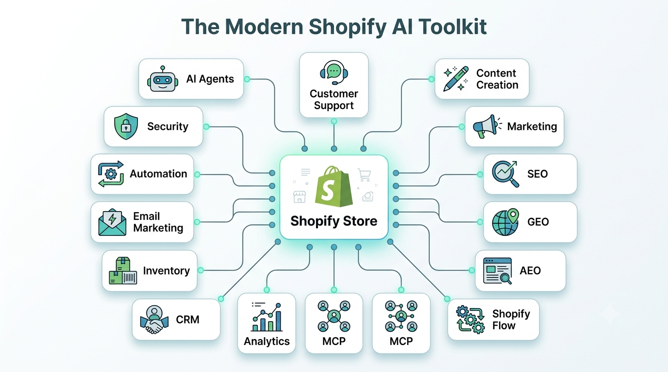 The Modern Shopify AI Toolkit — a visual map showing how AI connects across customer support, marketing, SEO, GEO, AEO, automation, email marketing, inventory, CRM, analytics, MCP, security, content creation, and Shopify Flow