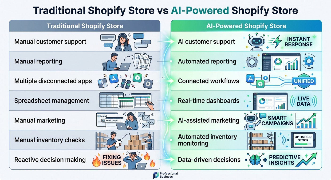Traditional Shopify Store vs AI-Powered Shopify Store — side-by-side comparison showing manual customer support vs AI instant response, manual reporting vs automated reporting, disconnected apps vs connected workflows, spreadsheets vs real-time dashboards, manual marketing vs smart campaigns, manual inventory vs optimized stock, and reactive decisions vs predictive insights